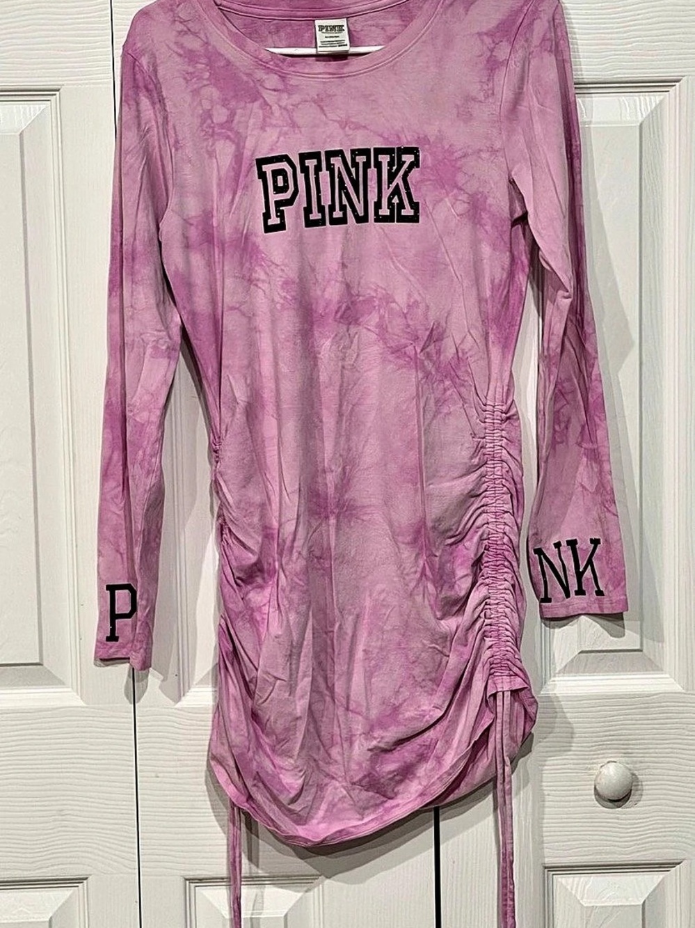 PINK Tie-Dye Ruched Long Sleeve dress Size Medium